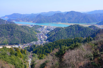 Fototapeta na wymiar Aerial view of the thermal bath town of Kinosaki Onsen seen from Mount Daishi in Hyogo prefecture, Japan