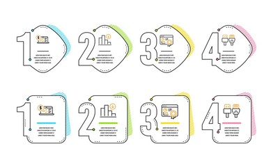 Seo certificate, Online accounting and Decreasing graph icons simple set. Computer cables sign. Statistics, Web audit, Crisis chart. Rj45 internet. Technology set. Infographic timeline. Vector