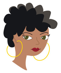 Portrait of a girl with dark curly hair and golden earrings vector illustration on white background
