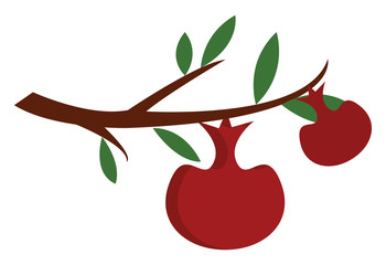 Two red apples on a brown tree branch with green leaves vector illustration on white background