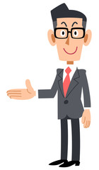 右側を紹介するメガネをかけたビジネスマン