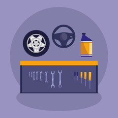 board with mechanic tools hanging and tire car