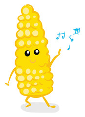 Vector illustration on white background of a a dancing yellow happy corn