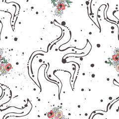 Vector seamless pattern, hand drawn graphic illustration background sea animal star fish with flowers, leaves Sketch drawing, doodle style Artistic abstract line art. Black, white silhouette with rose