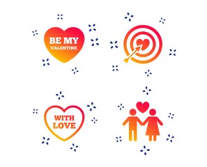 Valentine day love icons. Target aim with heart and arrow symbol. Couple lovers sign. Random dynamic shapes. Gradient valentine icon. Vector