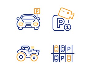 Parking security, Tractor and Parking icons simple set. Video camera, Farm transport, Car park. Transport. Transportation set. Linear parking security icon. Colorful design set. Vector