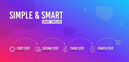 Infographic timeline. Delivery timer, Water bottle and Recycle icons simple set. Login sign. Express logistics, Mint leaf drink, Recycling waste. Sign in. Business set. 4 steps layout. Vector
