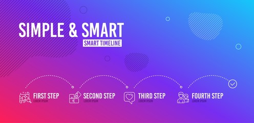 Infographic timeline. Heart, Puzzle and Search map icons simple set. Couple sign. Like rating, Engineering strategy, Find address. Male and female. Business set. 4 step layout. Line heart icon. Vector