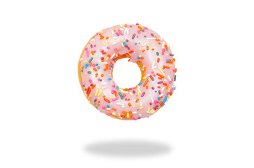 Pink donut on white background.