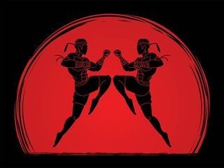 Fototapeta na wymiar Muay Thai action , Thai boxing jumping to attack Cartoon graphic vector 