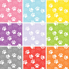 Set of multicolored vector backgrounds with paw print. Duplicate patterns and textures can be used for printing onto fabric, web page background and paper