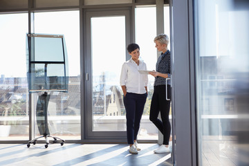 Two smiling businesswomen looking at tablet at the window in bright office