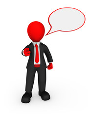 3d red businessman with speech bubble above his head gives the order.