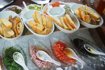 close up on fresh buffet food in the restaurant