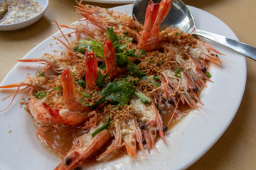 Prawns cooked in garlic, a popular dish in seafood restaurants in Singapore