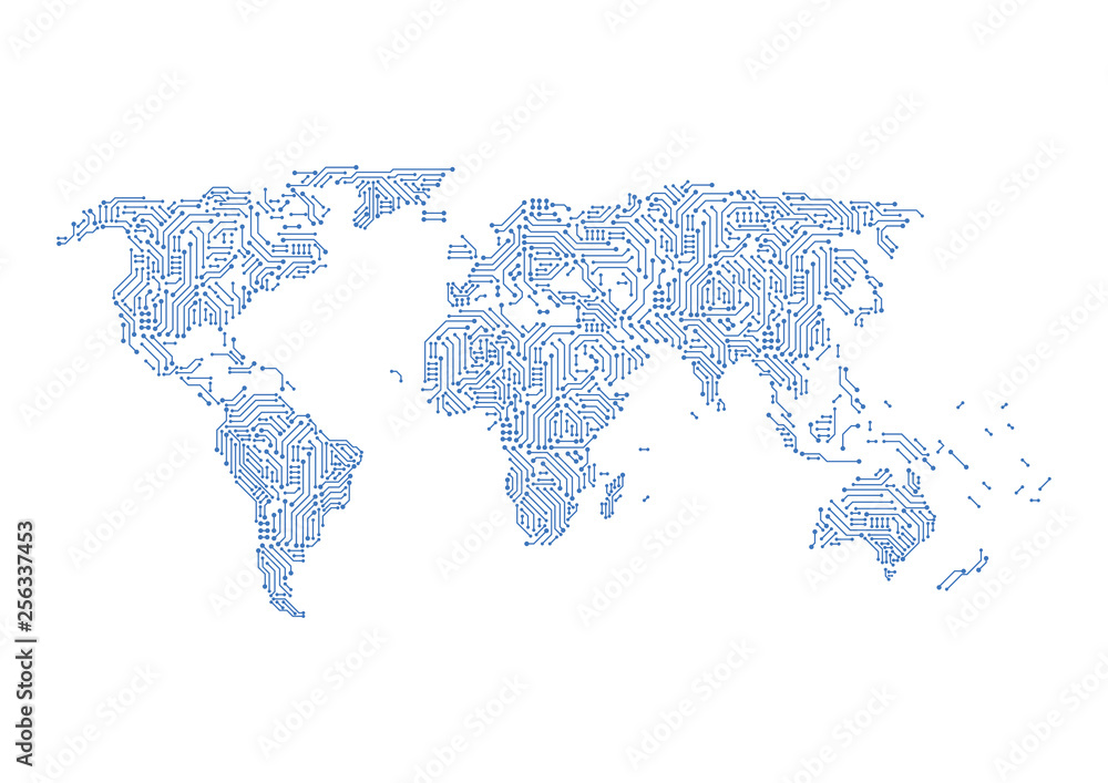 Poster global network digital circuit connection. world map point and line composition concept of global bu