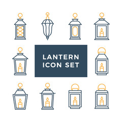 Ramadan vintage lantern set. Islamic antique lamp or light, muslim traditional line art. Vector flat style illustration isolated on white background