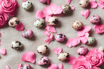 Painted easter eggs lying on white plate