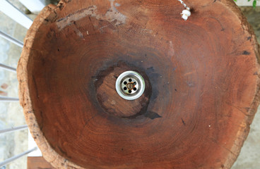 Close-up wooden sink. Top view.