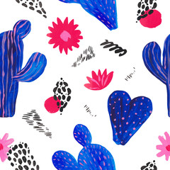 Seamless pattern Hand-painted set of decorative cactus in fantasy style Set of flowering plants, cactus blue coral color
