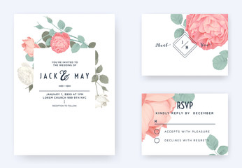 Floral wedding invitation card template design, pink and white rose flowers with leaves on white, pastel vintage theme - obrazy, fototapety, plakaty