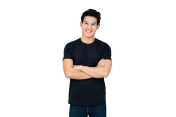 Fototapeta premium Handsome Asian man in casual black t-shirt with arm crossed
