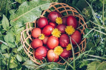 Colorful easter eggs in basket. Happy Easter, Christian religious holiday.