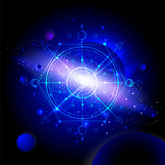 Vector illustration of Sacred or mystic symbol against the space background with planets and stars.