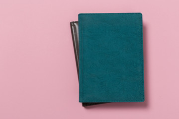 top view of a open notebook on a pink background.