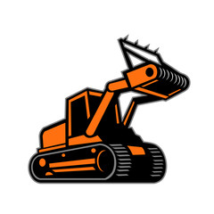 Retro icon style illustration of a tracked mulching tractor or forestry mulcher viewed from side on isolated background.