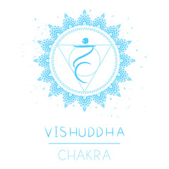 Vector illustration with symbol chakra Vishuddha on white background.