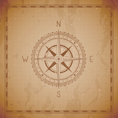 Vector illustration with a vintage compass or wind rose and frame on grunge background.