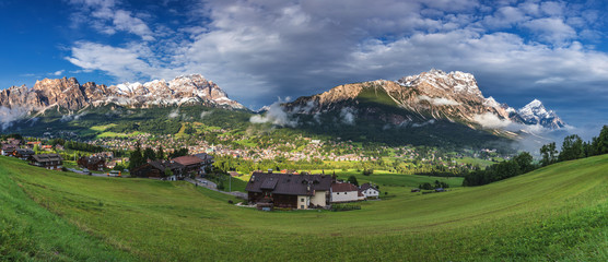 Panorama of Boite Valley with Monte Antelao, the highest mountain in the eastern Dolomites in northeastern Italy, southeast of the town of Cortina d'Ampezzo, in the region of Cadore, Italy.