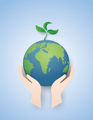 Green earth concept save the world. Paper art and digital craft style.Vector and illustration,eps10.