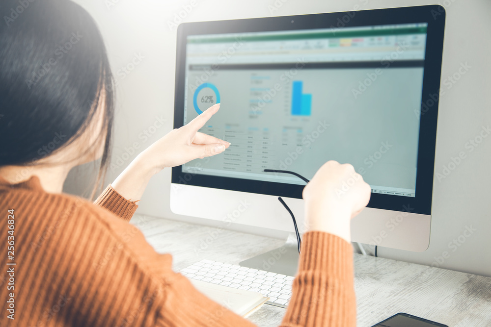 Poster woman working in graph on computer screen