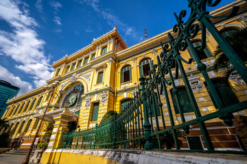 Saigon Central Post Office on blue sky background in Ho Chi Minh, Vietnam.  Chi Minh is a popular...