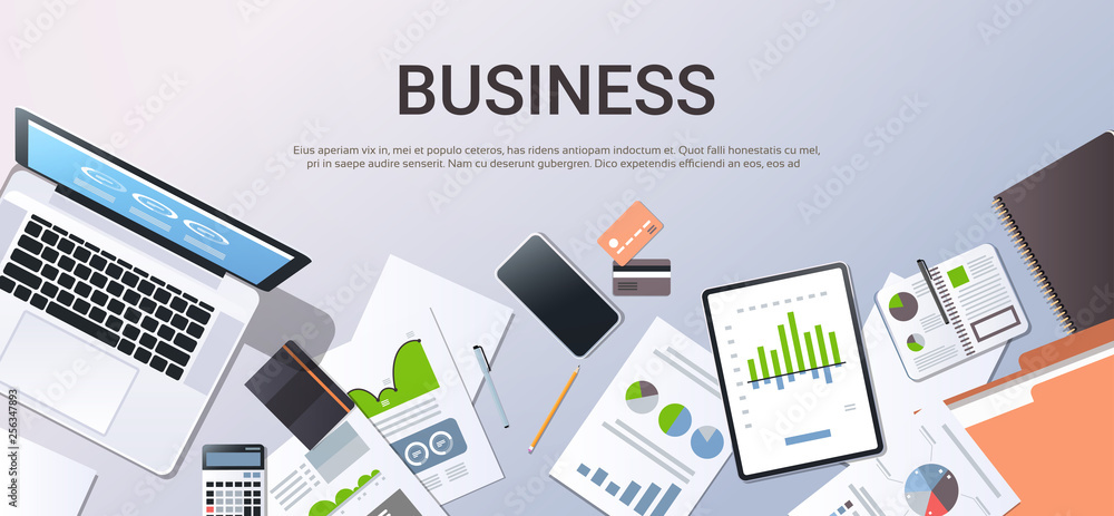 Poster business analyzing planning documents graphs charts consulting research development project manageme