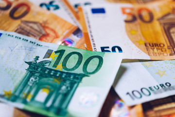 Euro money, Euro cash background. Banknotes of the european union. Euro cash. Many Euro banknotes of different values.