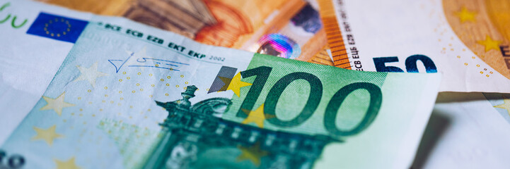 Euro money, Euro cash background. Banknotes of the european union. Euro cash. Many Euro banknotes of different values.
