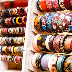 Wooden bracelets in the street shop, Jaisalmer, India.