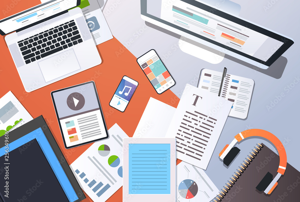 Poster digital content management information technology concept top angle view desktop computer tablet lap