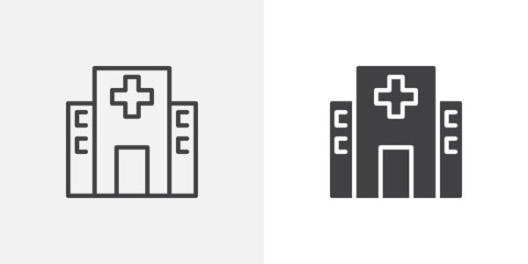 Hospital building icon. line and glyph version, outline and filled vector sign. Clinic with medical cross linear and full pictogram. Symbol, logo illustration. Different style icons set