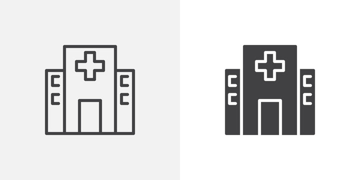 Hospital building icon. line and glyph version, outline and filled vector sign. Clinic with medical cross linear and full pictogram. Symbol, logo illustration. Different style icons set