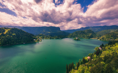 Obraz premium Lake Bled with St. Marys Church of Assumption on small island. Bled, Slovenia, Europe. The Church of the Assumption, Bled, Slovenia. The Lake Bled and Santa Maria Church near Bled, Slovenia.