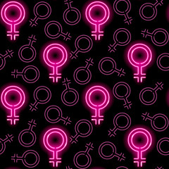 Neon female signs seamless pattern. Pink glowing venus mirror symbols on black background. Girly of feminist concept. Vector 10 EPS illustration. © Марина Тельманова
