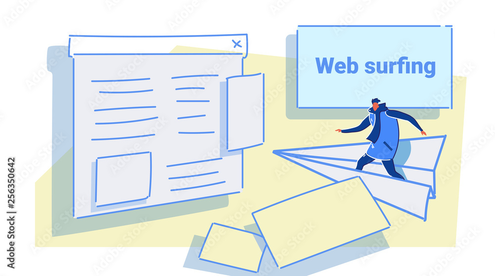 Poster man flying on paper plane to website page browser web surfing concept casual guy in winter clothes b