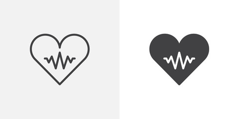 Pulse, heartbeat icon. line and glyph version, outline and filled vector sign. Heart with heartbeat linear and full pictogram. Cardiology symbol, logo illustration. Different style icons set