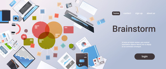 business meeting brainstorming analyzing planning documents graphs charts project management concept top angle view workplace desktop office stuff horizontal copy space