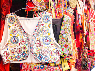 Jaisalmer, India. Close up view of handmade clothes at the street market.