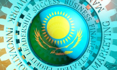 Business relative words on the mechanism of gears. Communication concept in industrial design. Connected lines with dots background. Flag of the Kazakhstan. 3D rendering
